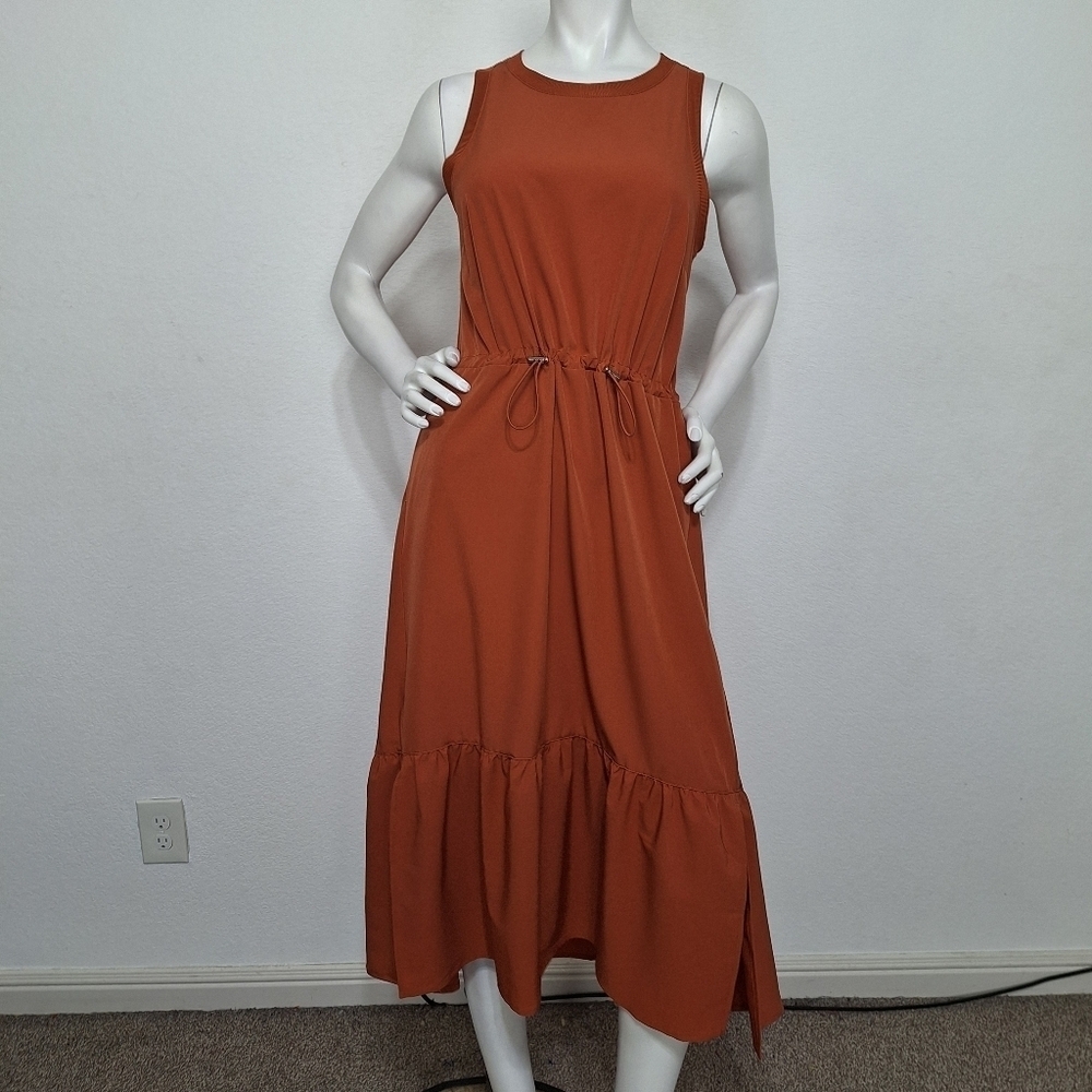 New Cognac Cottagecore Prairie Sleeveless Cinched Waist Tiered Midi Dress Size S